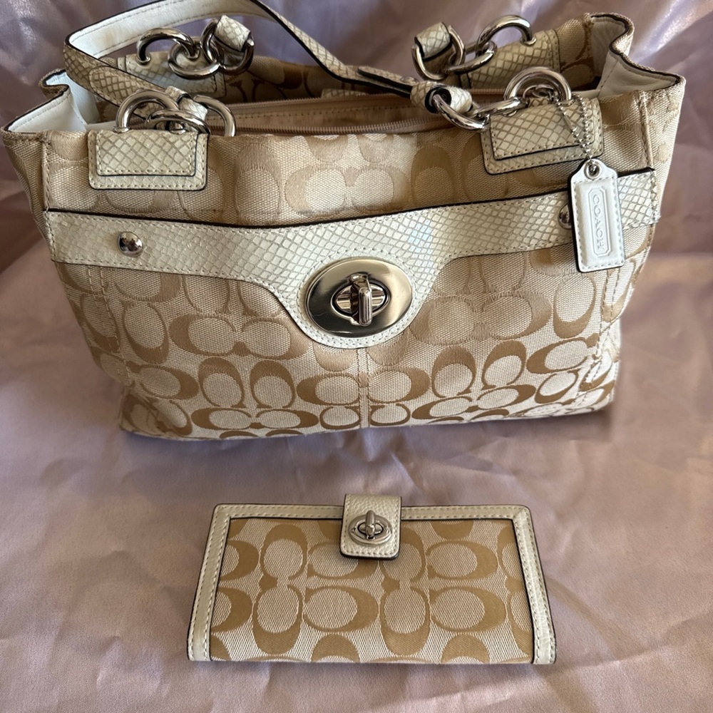 Coach Tan and Cream Signature Shoulder Bag and Wallet